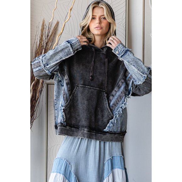 Oli & Washed Mixed Denim Hooded Pullover Top NEW Size Large - Picture 7 of 9